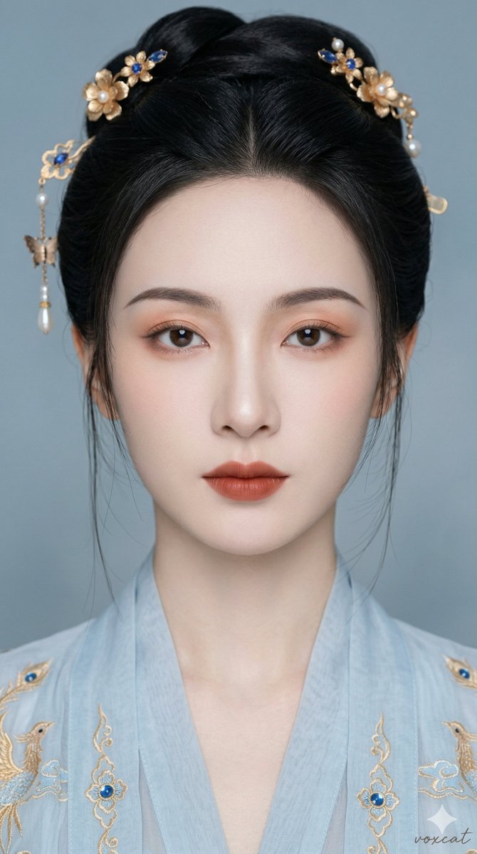 东方古风清雅女性正面肖像，超近景贴脸特写，人物正面面对镜头，头部端正，视线直视镜头，脸部几乎充满画面，构图集中，双眼位于视觉中心，整体呈现强烈的人脸主导感。
