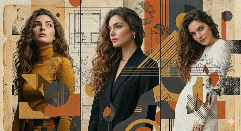 A high-resolution, photorealistic three-panel composition featuring a woman with long, voluminous w…