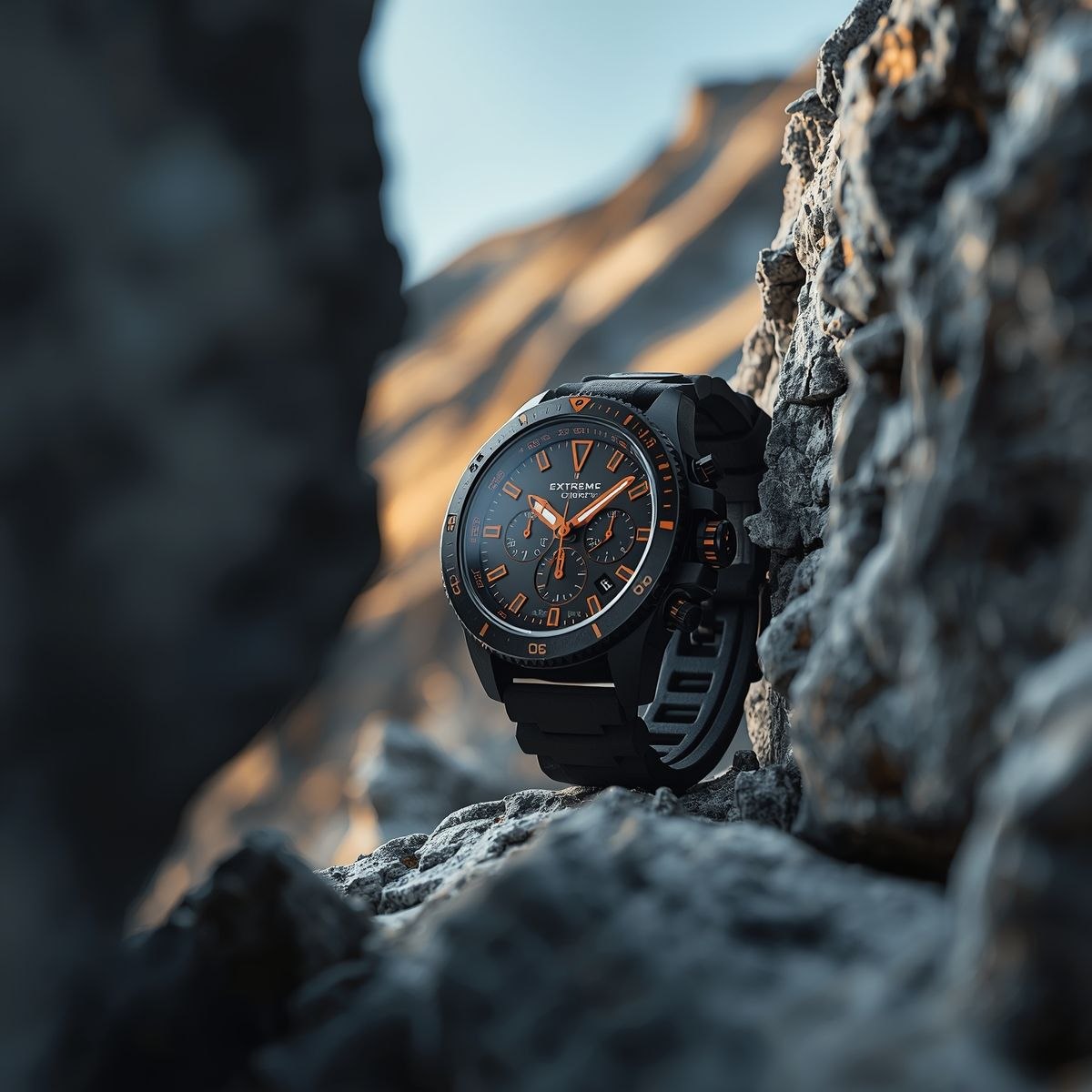 A rugged, matte-black chronograph watch with bold orange accents is tightly framed between two text…