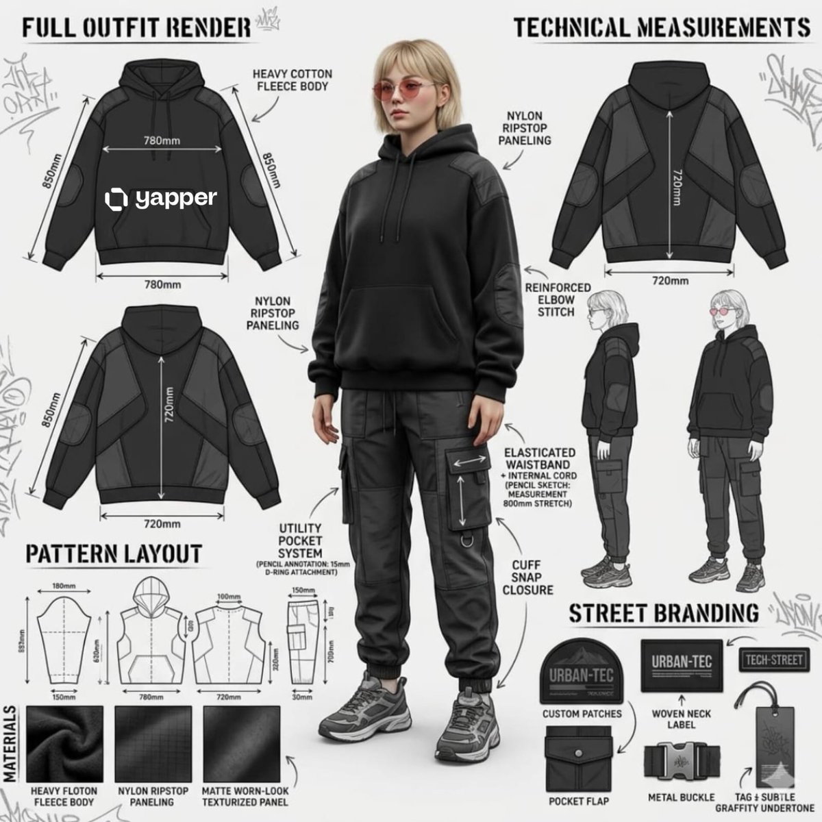 Using the attached image, create a professional industrial fashion design illustration sheet for a …