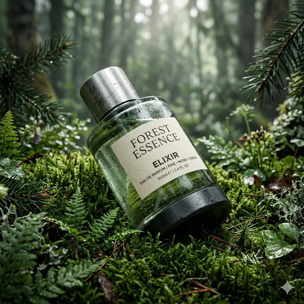 Ultra-realistic premium fragrance product shot of a perfume bottle (Forest Essence Elixir), positio…
