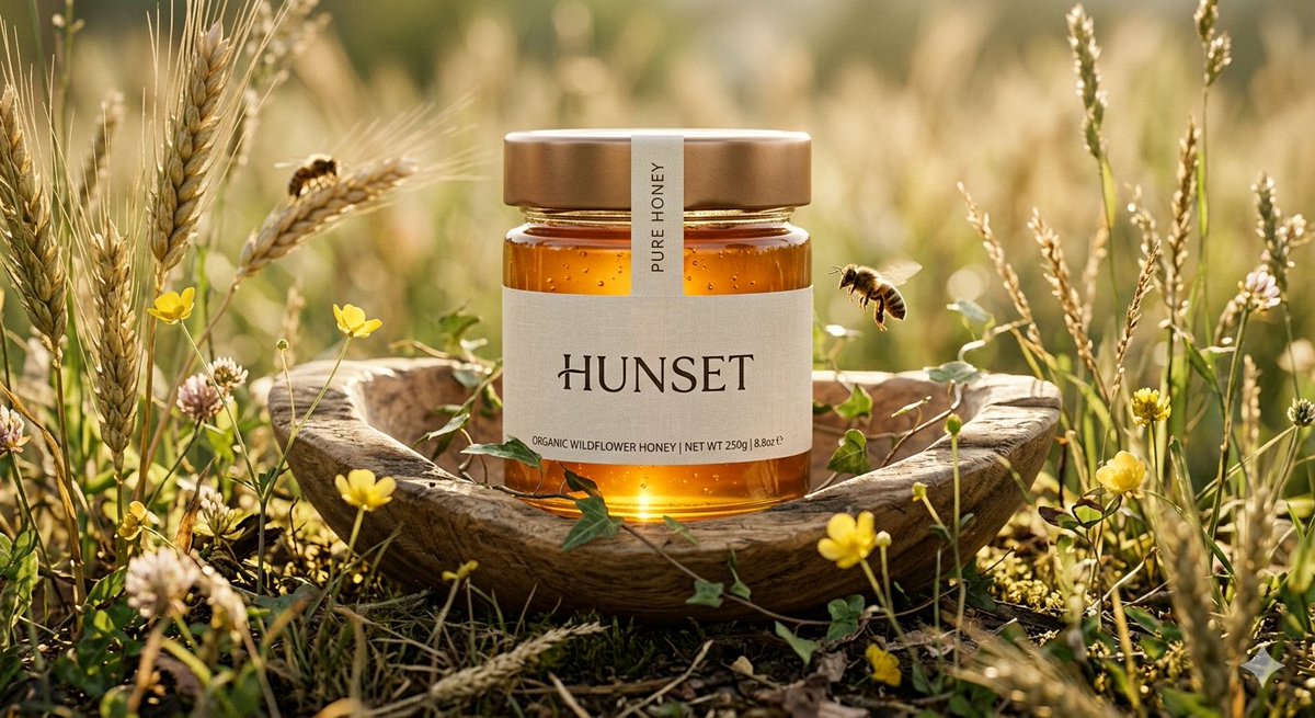 Ultra-realistic cinematic product shot of a premium honey jar placed inside a shallow wooden hollow…
