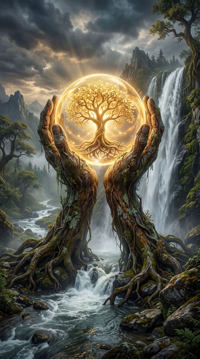 A majestic, ancient gnarled tree with thick, twisting roots sits at the center of a lush, mystical …