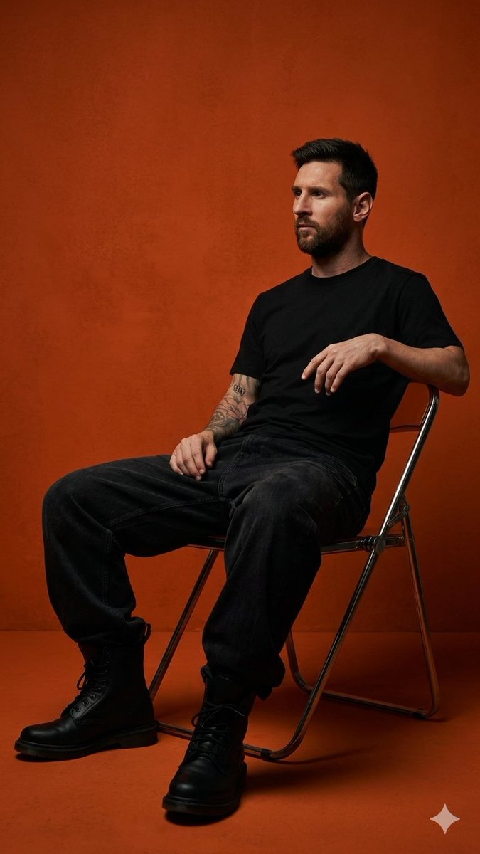 Use model (the person in the image) you create a dark orange studio photo featuring a young man sit…