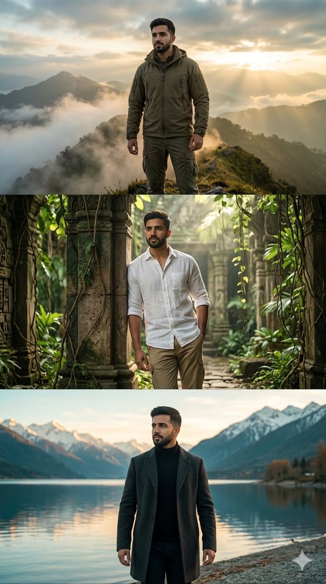 Create a hyper-realistic three-panel vertical cinematic collage in 9:16 aspect ratio, editorial fas…