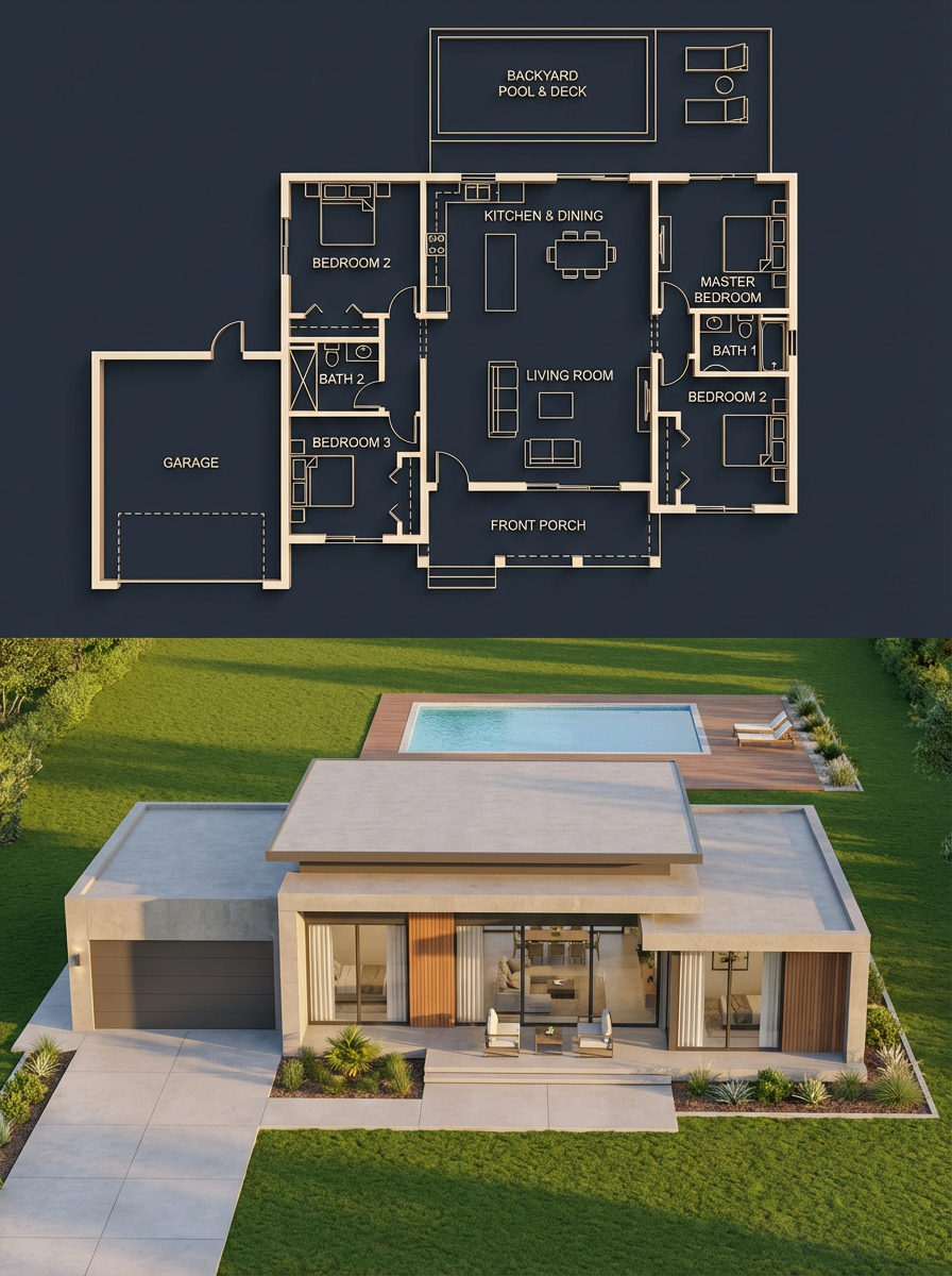 { "objective": "Create a split architectural visualization where the top is a detailed dark-themed …
