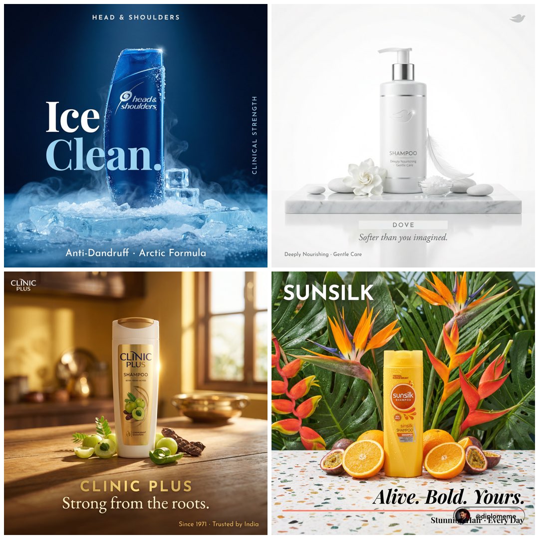 Hyper-realistic luxury product campaign poster, 1:1 square format. brand name shampoo bottle standi…
