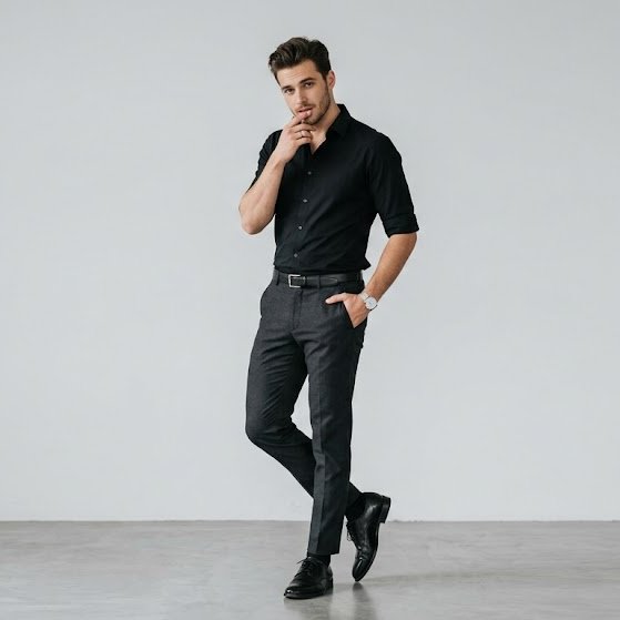 Full-body portrait of a stylish young man standing against a plain light gray background, wearing a…
