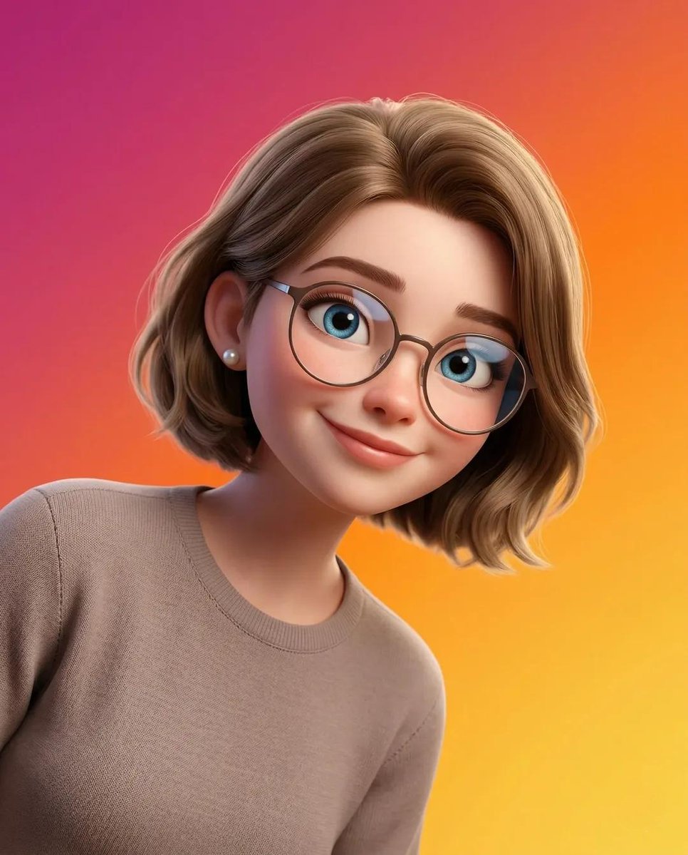 A stylized Pixar-style 3D portrait of a young person with smooth skin, large expressive blue eyes, …