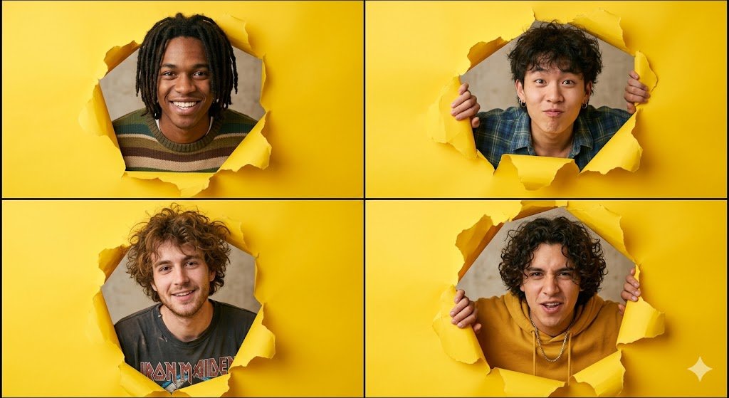 A high-resolution 2x2 grid collage of four individual portraits. In each square, a different young …