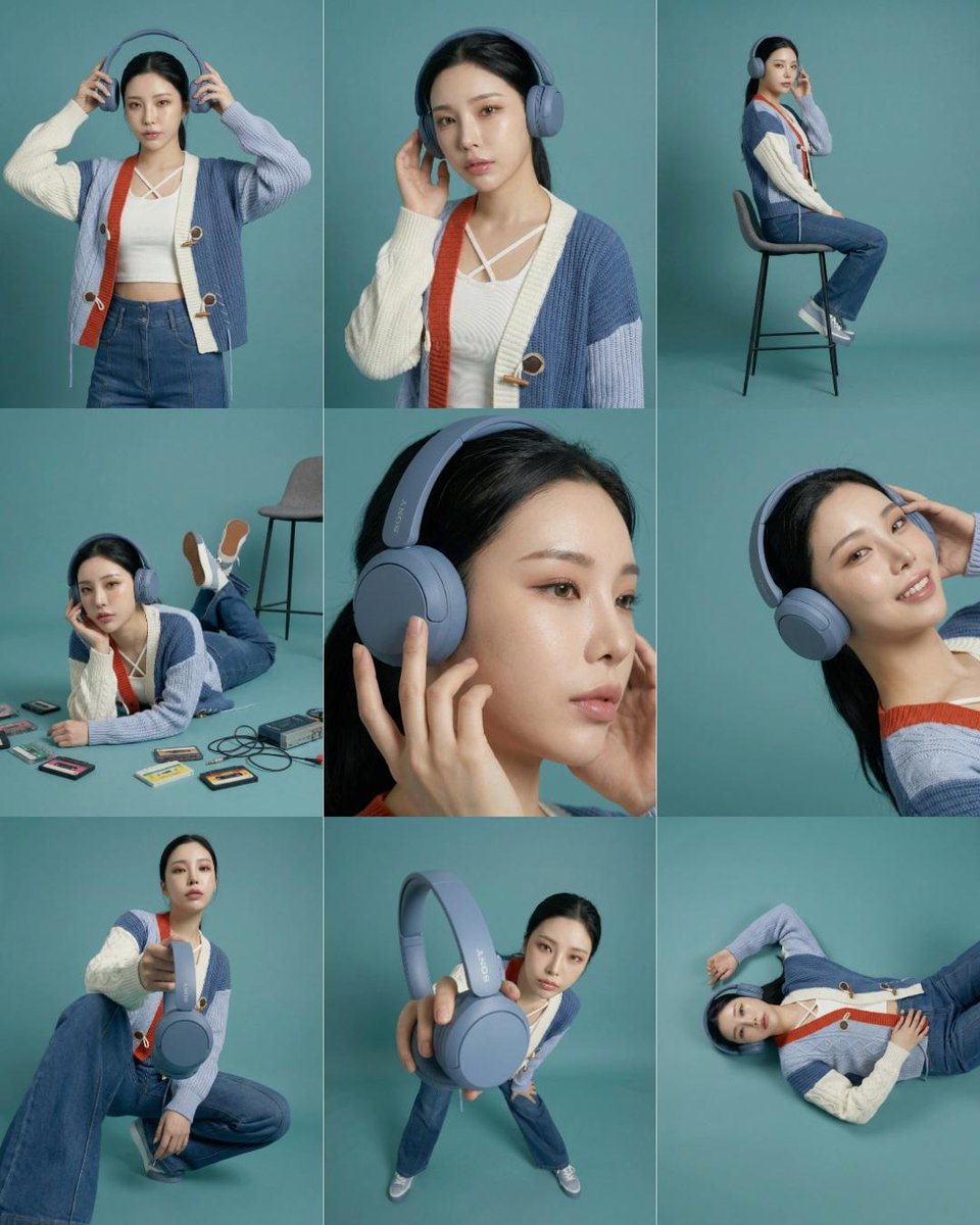 3×3 storyboard grid, nine panels, same subject and outfit, consistent teal studio background, soft …