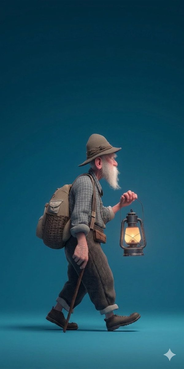 ​A stylized 3D rendered full-body profile portrait of an elderly male hiker with a long white beard…