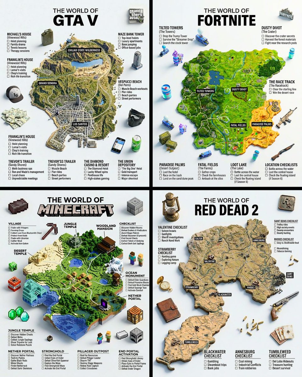 A hyper-realistic 3D game guide infographic poster for [GAME]. The in-game world of [GAME] is rende…
