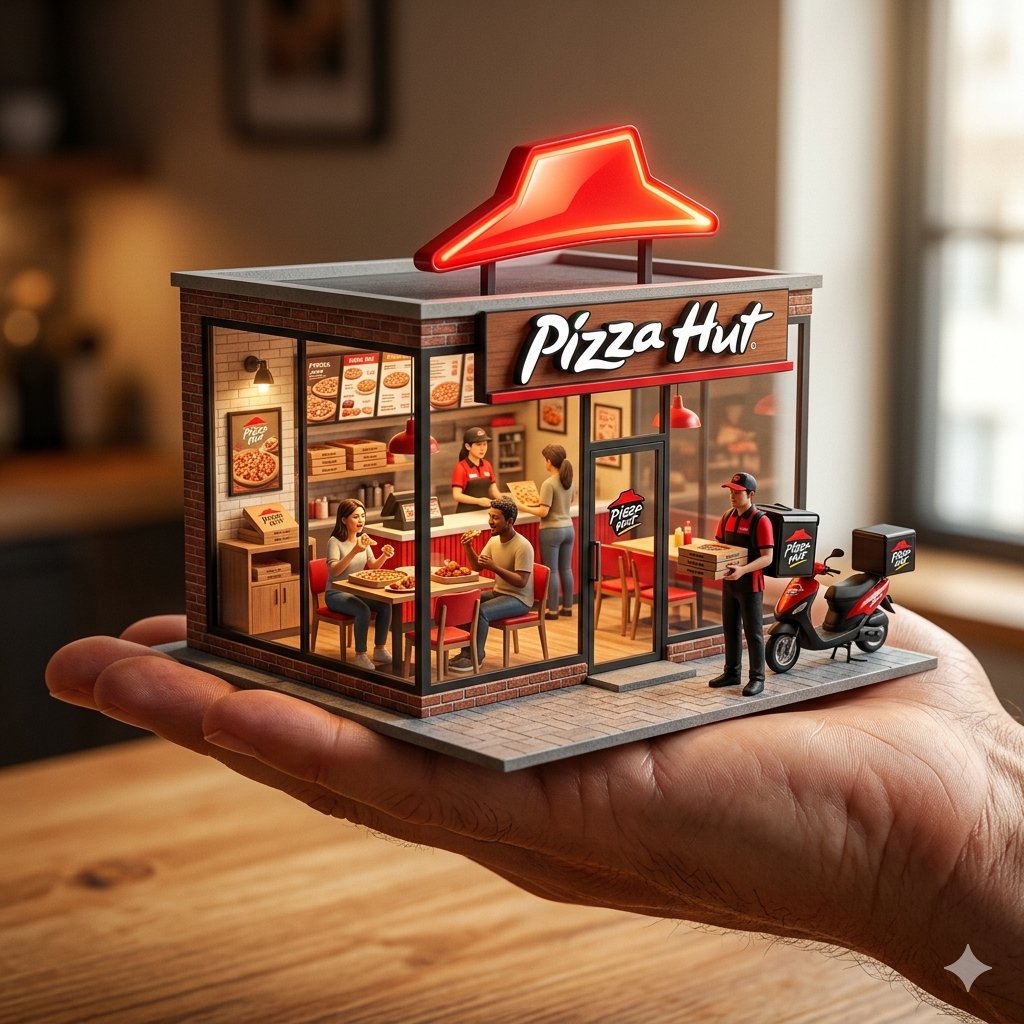 An ultra-realistic miniature [YOUR BRAND] showroom balanced on a human palm, designed with transpar…