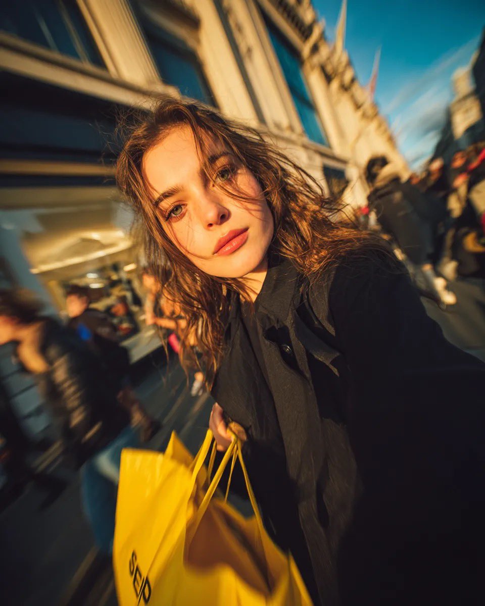 Cinematic street portrait of a young woman walking through a busy shopping street at golden hour, h…