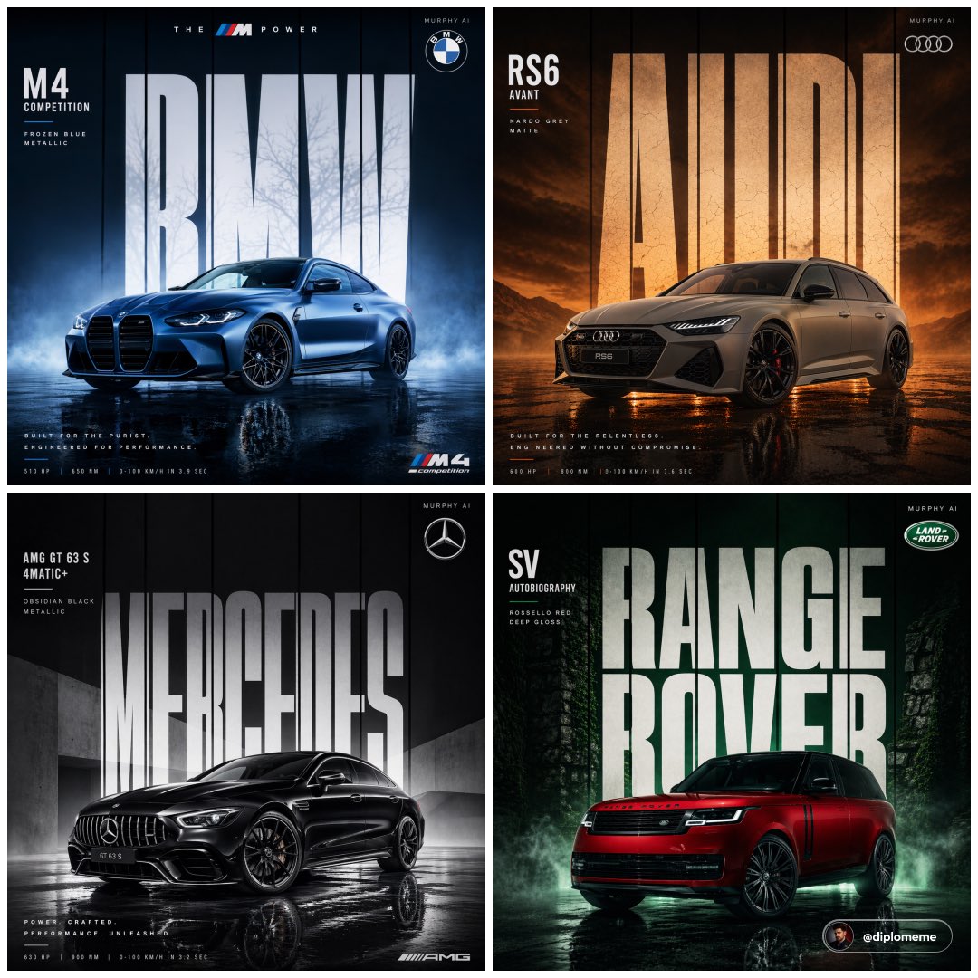 Cinematic automotive billboard poster, [CAR MODEL + VARIANT] in [PAINT COLOR + FINISH], parked cent…