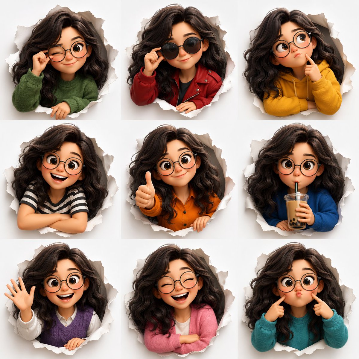 3D Pixar-style expression sheet, cute stylized avatar with wavy dark hair and round glasses, 3x3 gr…