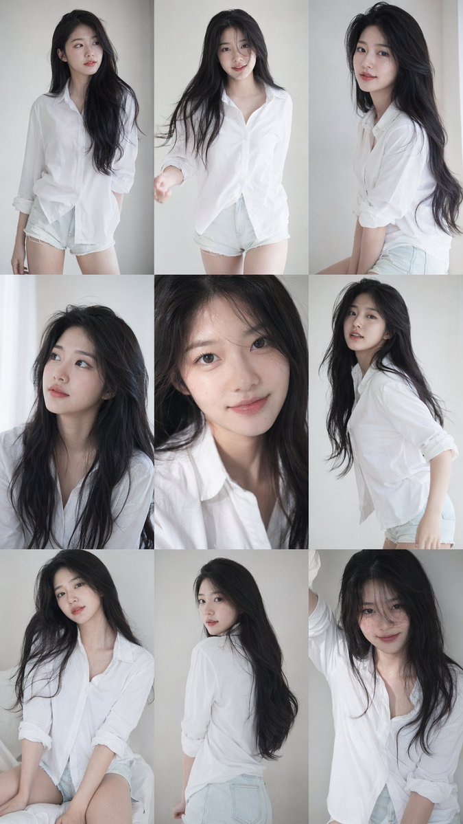 9:16 vertical — a 3x3 grid collage (nine images) forming a Korean idol portrait photoshoot series. …