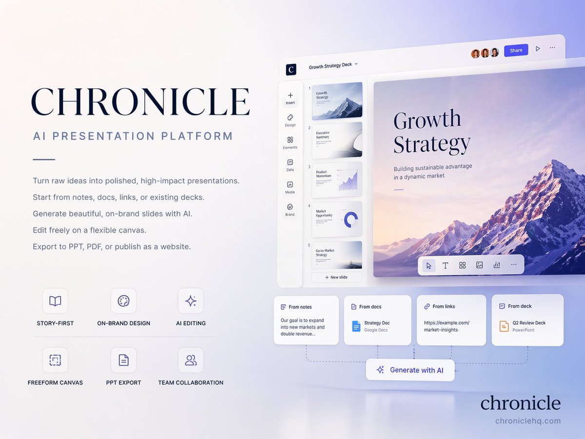 Create a premium 4:3 presentation cover slide introducing Chronicle, the AI-native presentation pla…
