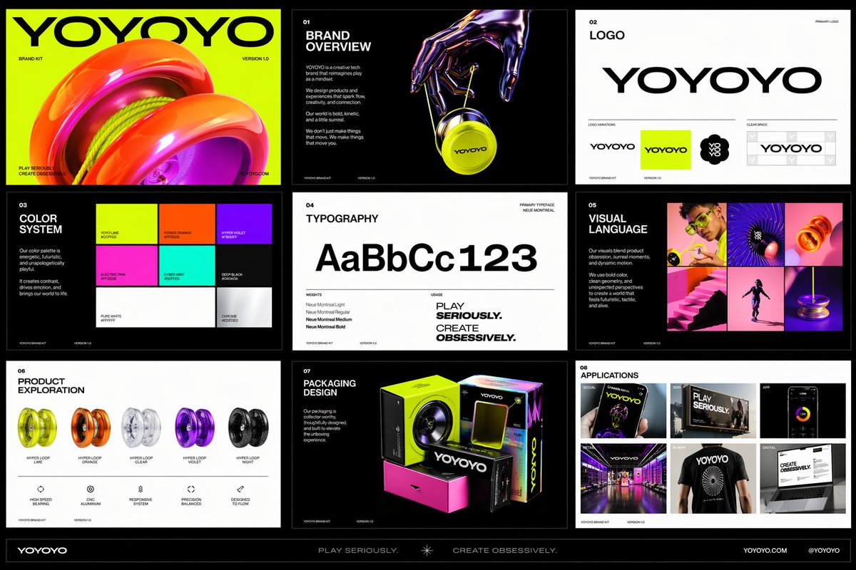Create a polished multi-page (multiple images) brand kit for a company called [YOYOYO]. The brand s…