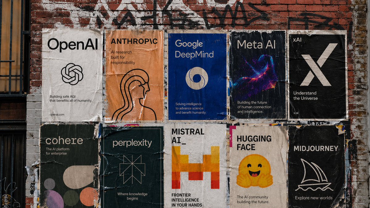 Make a wheatpaste poster setup on a brick wall in sf featuring posters from various AI labs