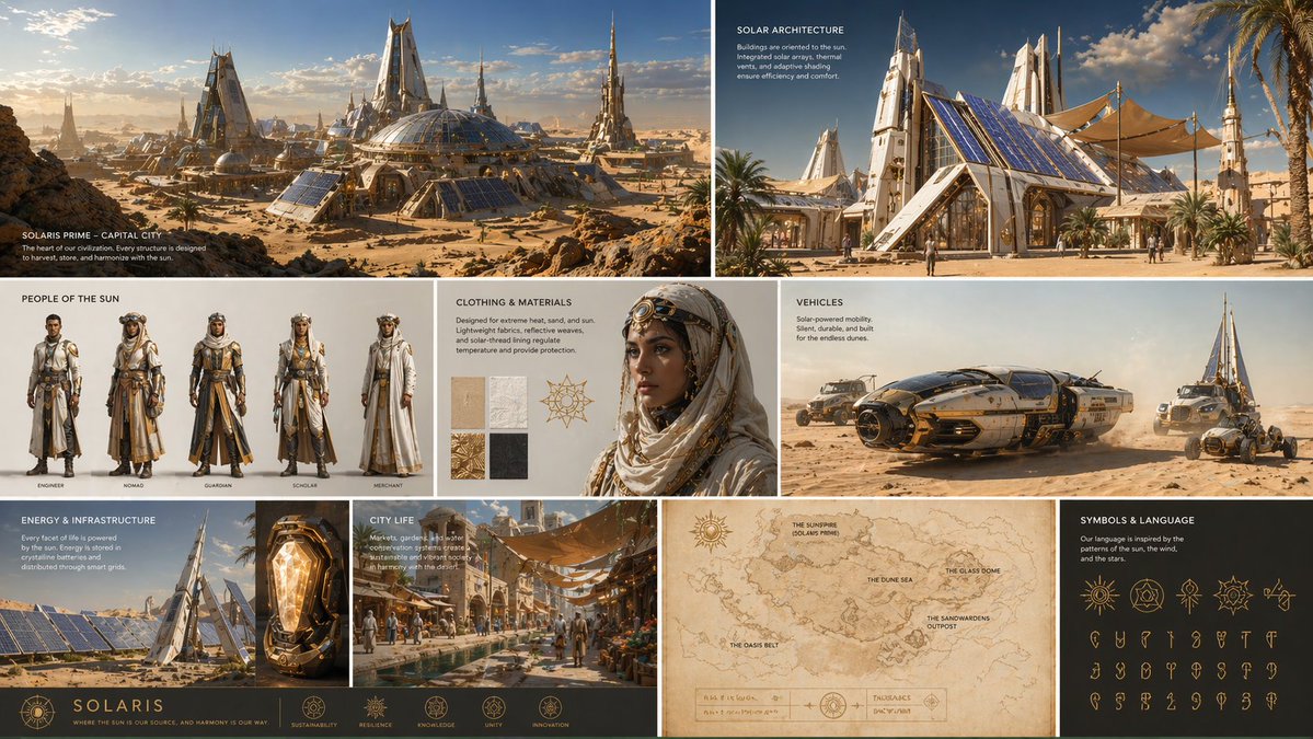 Create a complete visual worldbuilding set for a futuristic desert civilization powered by solar te…