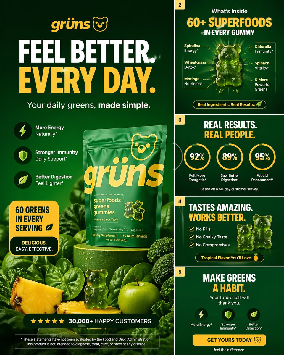 Create a high-converting carousel image for Grüns (greens gummies).