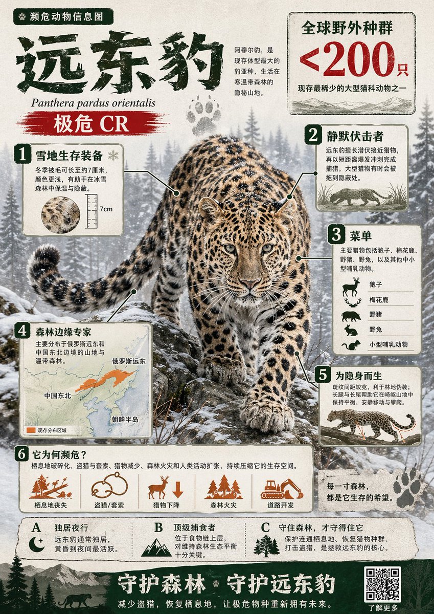 Create a visually rich infographic in Chinese about an endangered animal. Start by finding one onli…