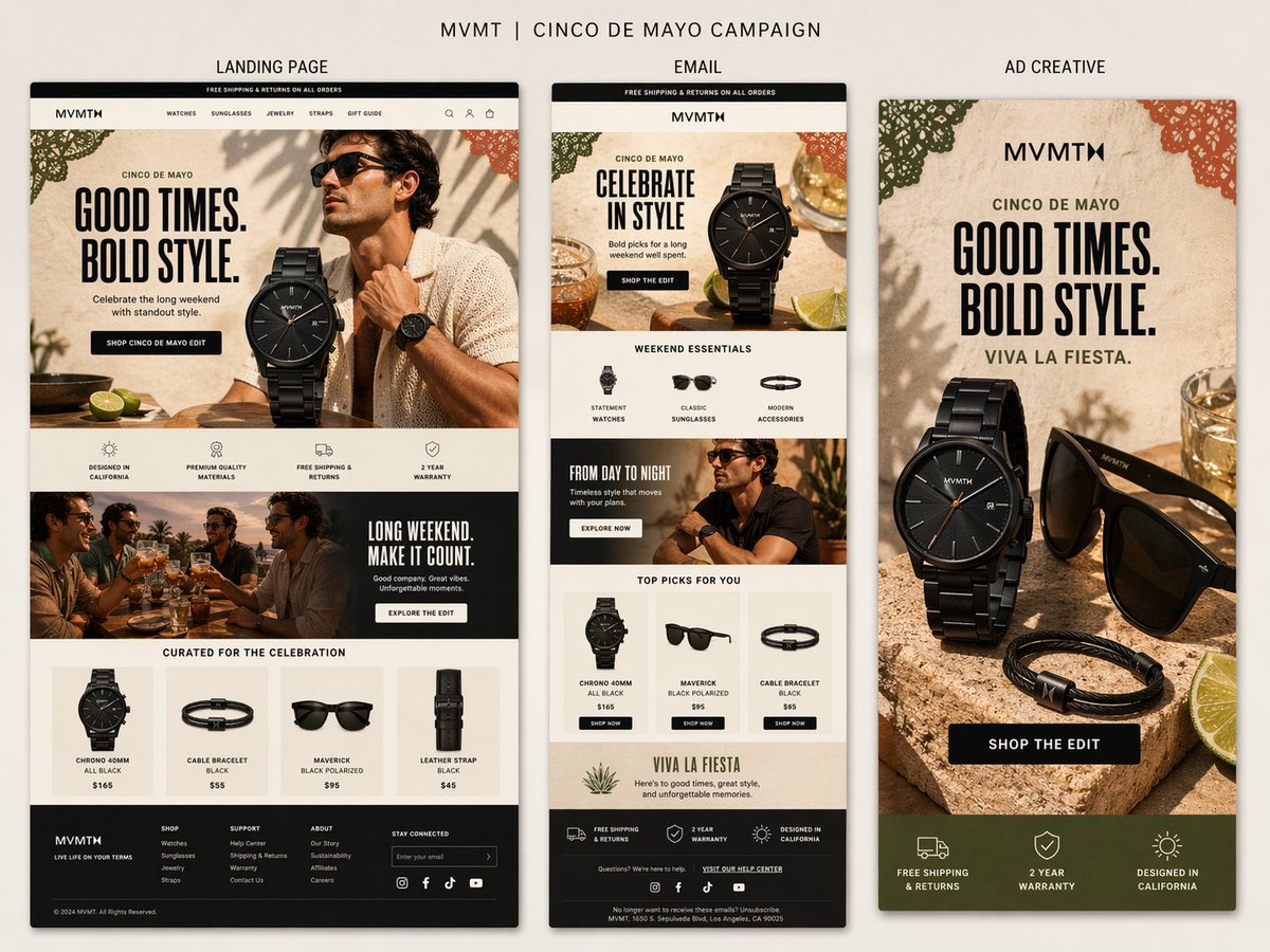 Create a premium presentation-style campaign board for MVMT’s Cinco de Mayo campaign on a soft warm…