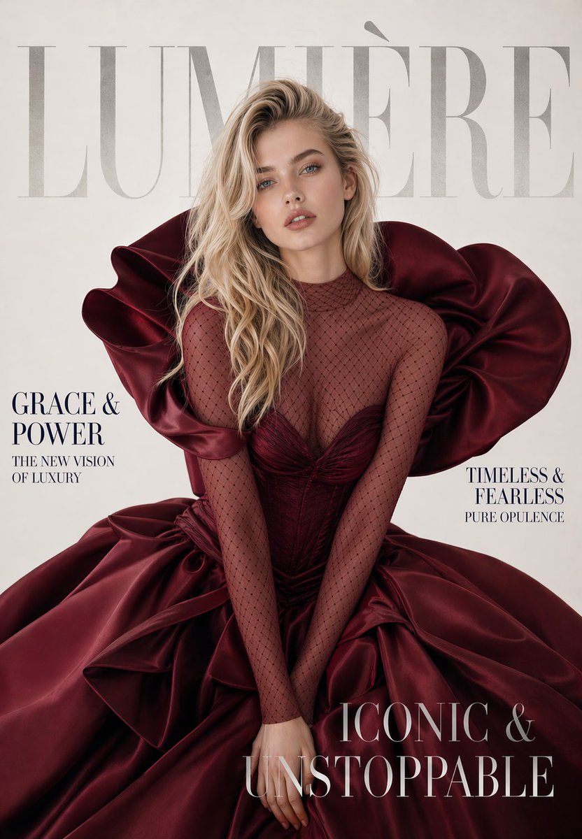 A luxury high-fashion magazine cover. Magazine name at the very top in massive elegant serif font r…