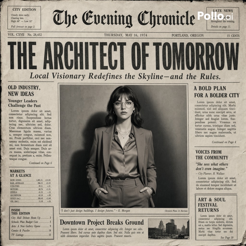 Create the most realistic front page design of a vintage newspaper featuring the main character. Th…