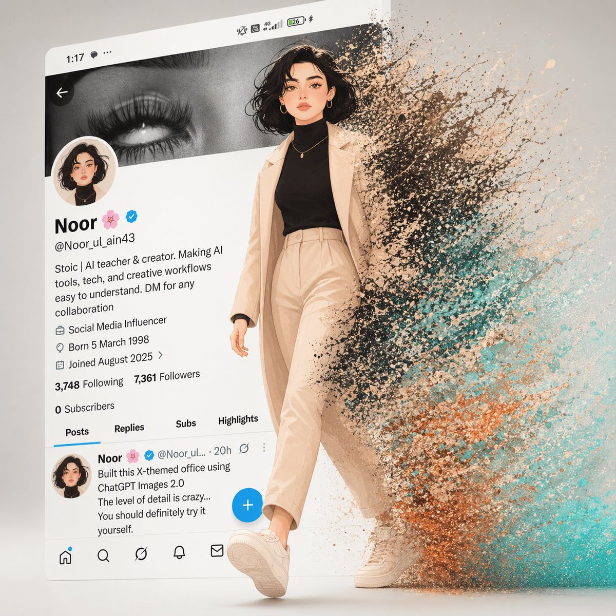 A cinematic digital artwork of a stylish animated girl walking out of a modern X (Twitter) profile …