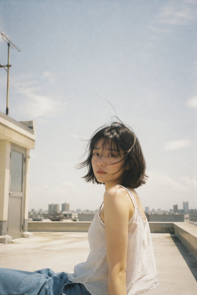 Japanese negative film aesthetic, rooftop summer scene, soft natural sunlight, slight overexposure …