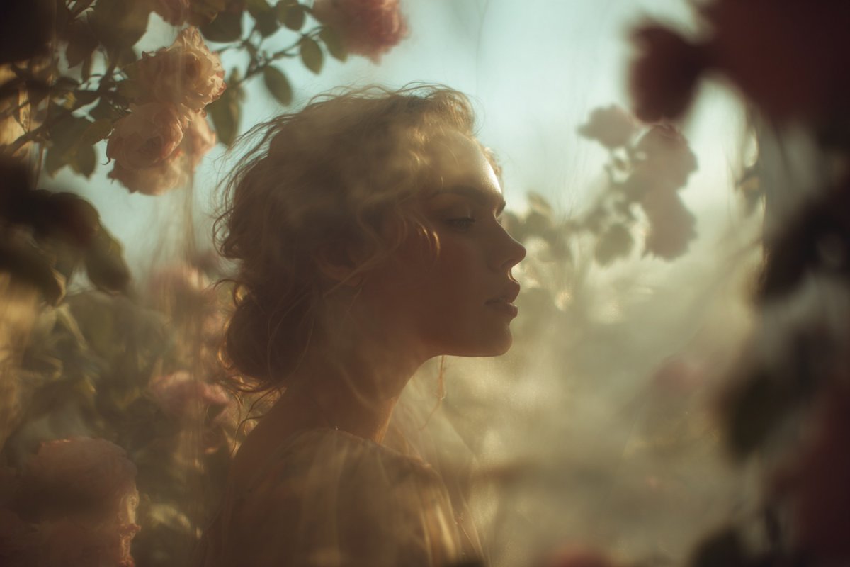 A soft-focus dream photograph of a [subject] in a [setting], seen through translucent fabric and [a…