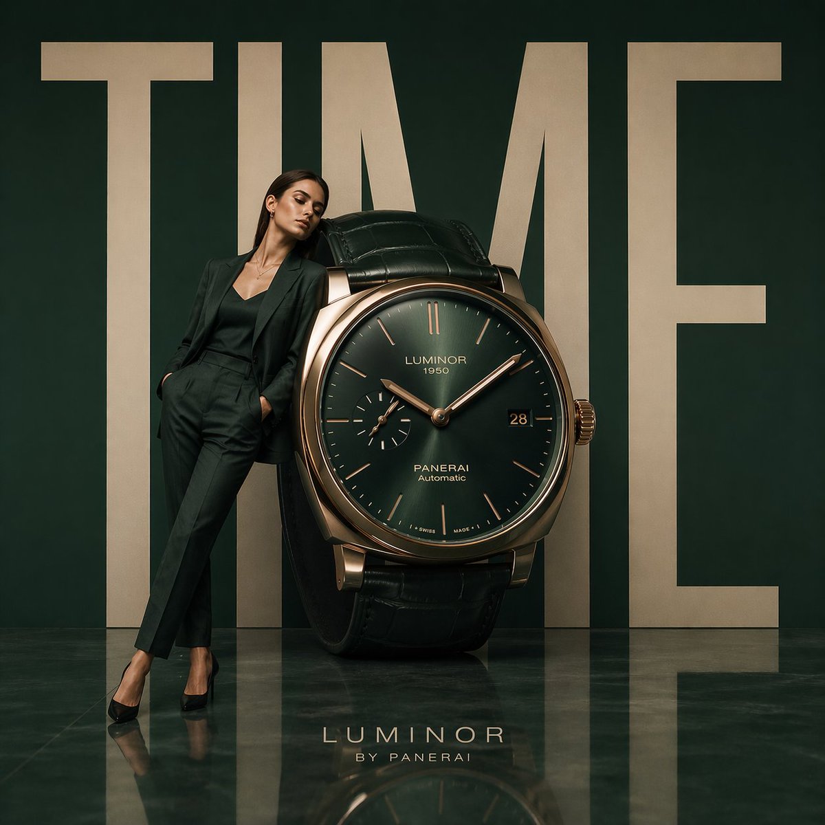 Minimalist luxury watch campaign, oversized wristwatch positioned like modern sculpture, model lean…