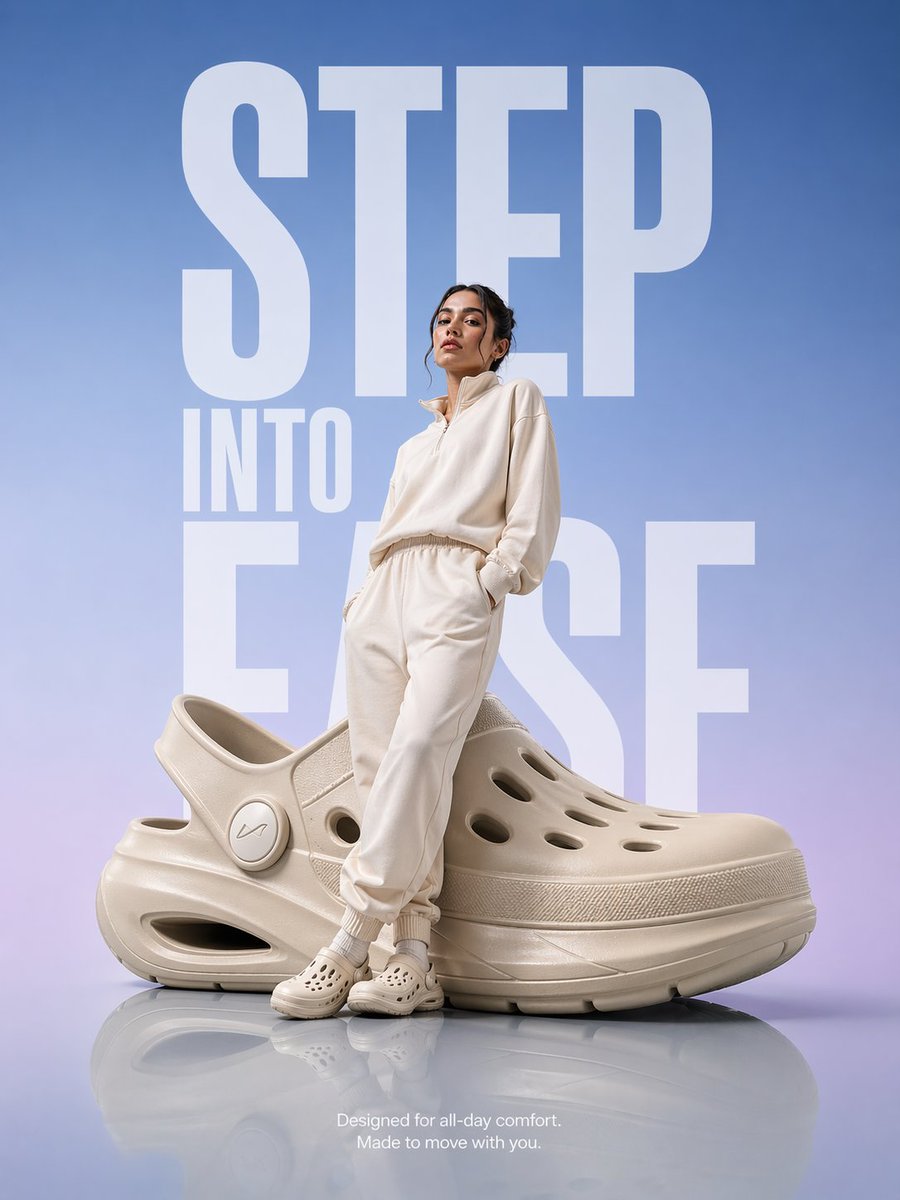 A hyper-realistic premium product advertisement featuring an oversized futuristic comfort clog plac…