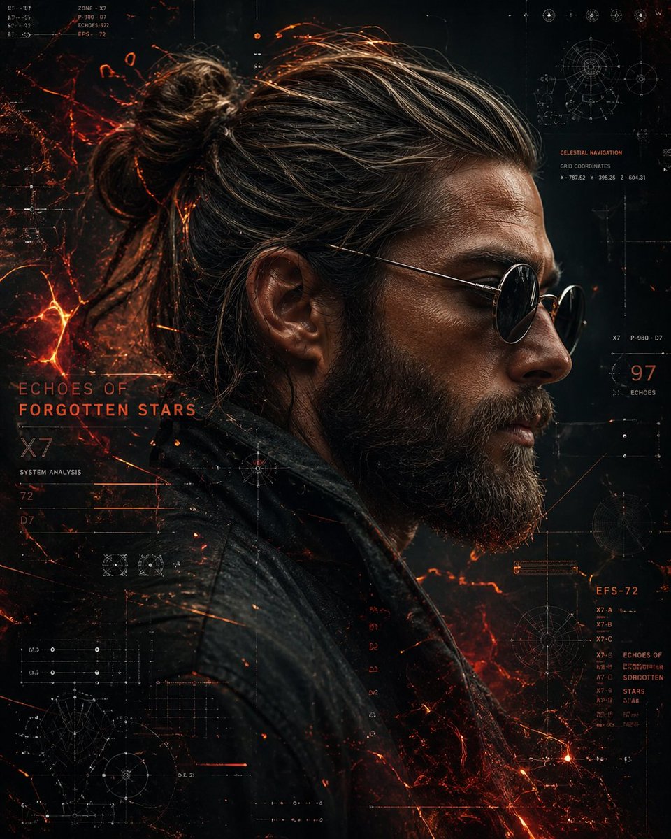 A cinematic side-profile portrait of a rugged man with a tied-back bun and full beard, wearing roun…
