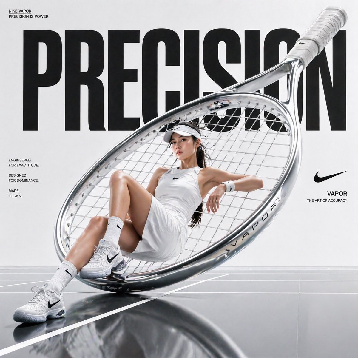 Avant-garde sports fashion advertisement, oversized tennis racket positioned like monumental sculpt…