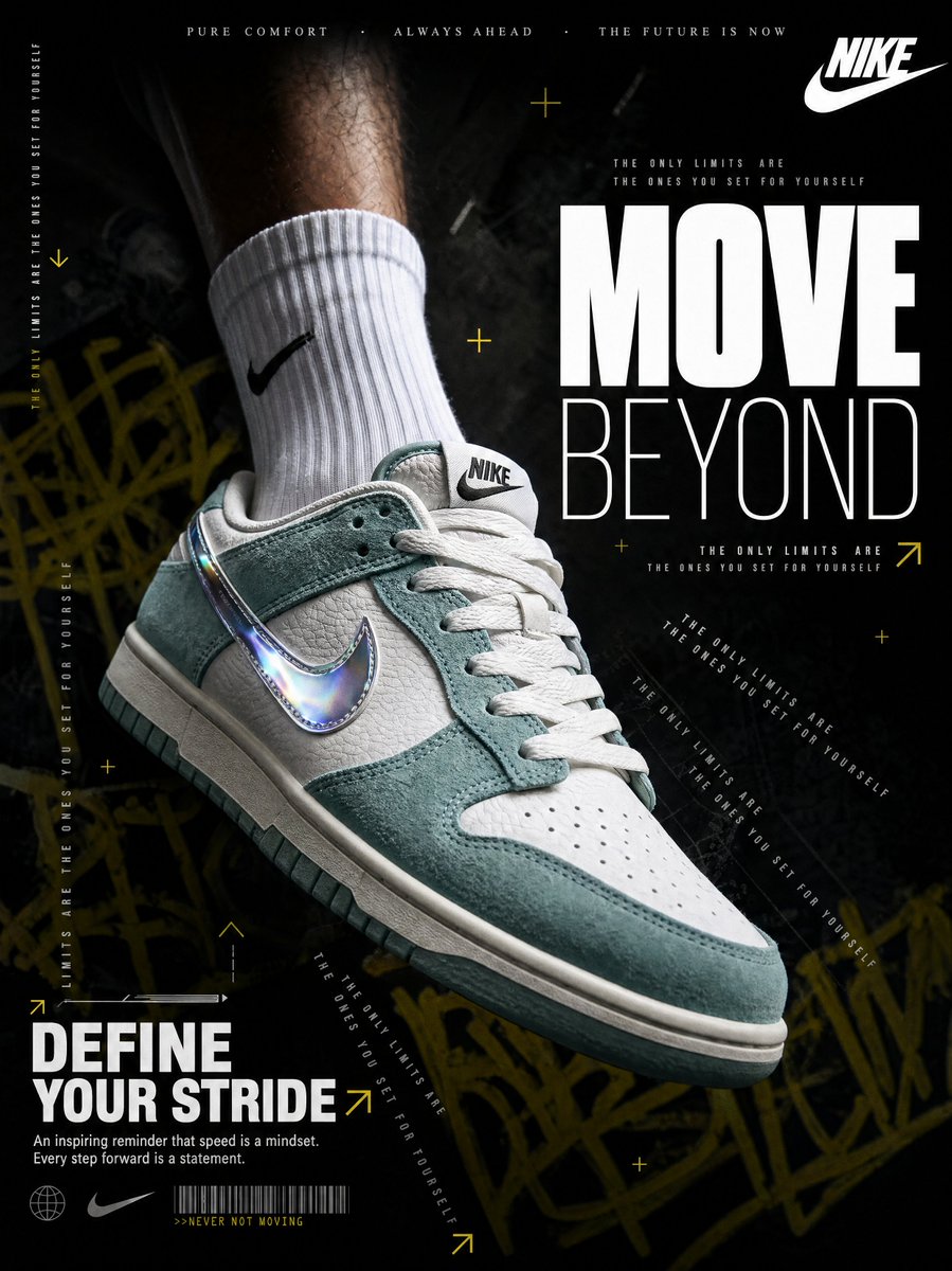 A hyperrealistic Nike sneaker advertisement shot in a dark, moody editorial style. A male leg weari…