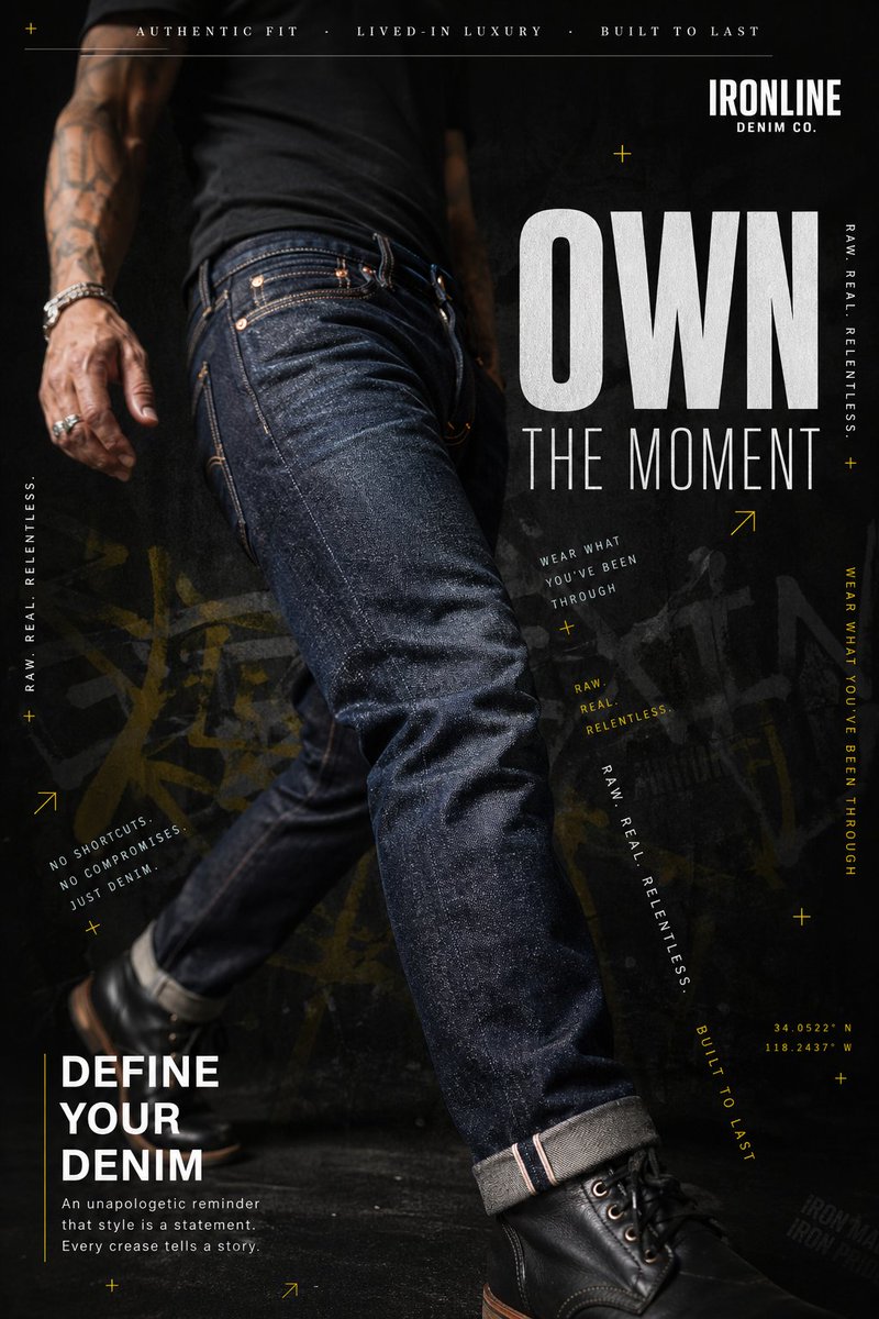A hyperrealistic premium denim advertisement shot in a dark, moody editorial style. A male figure w…