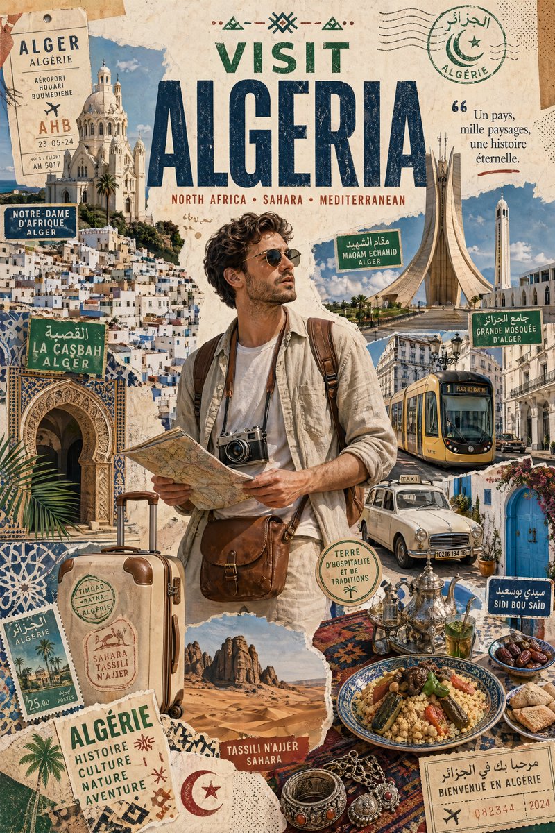 Create a stylized travel poster / graphic collage for [ALGERIA]. The main subject should be a styli…
