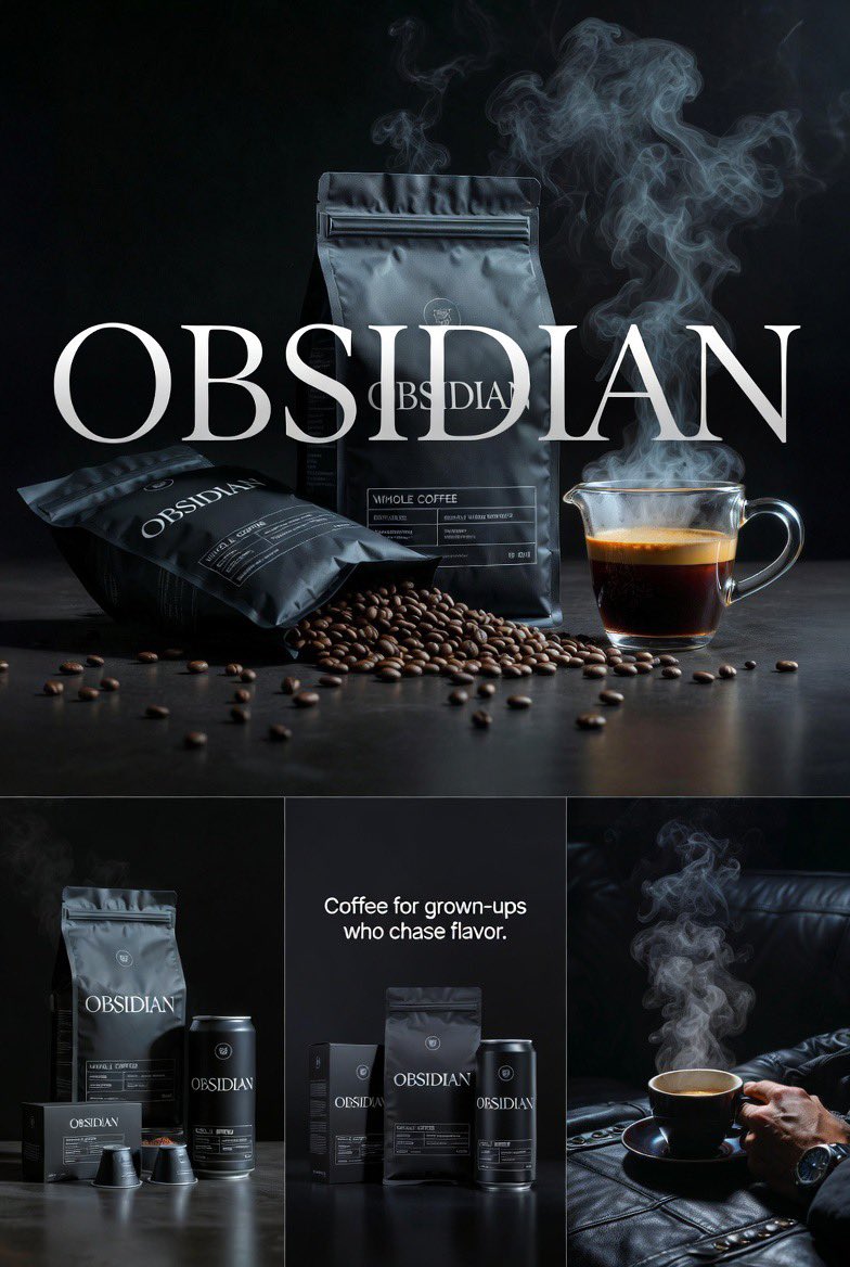Create four connected premium realistic editorial images for OBSIDIAN coffee. Dark cinematic grown-…