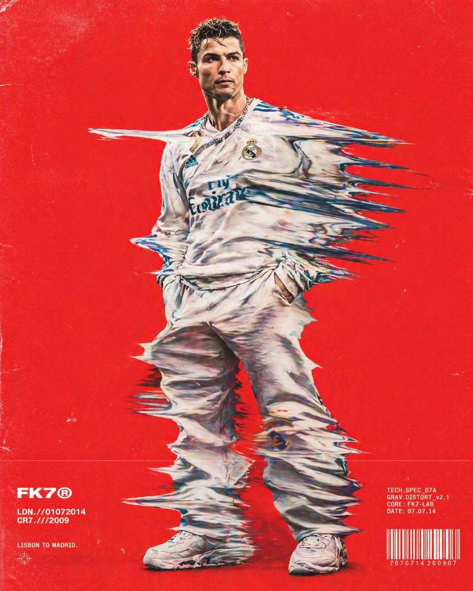 Hip-hop fashion model standing full-frame, clothing distorted into stretched streaks like motion dr…