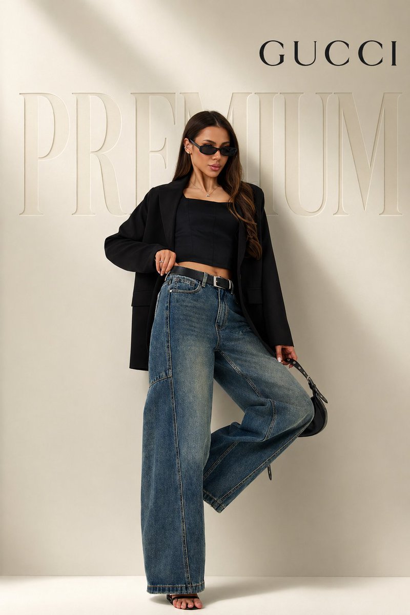 full body female model in confident fashion pose (one leg slightly raised, relaxed luxury stance), …