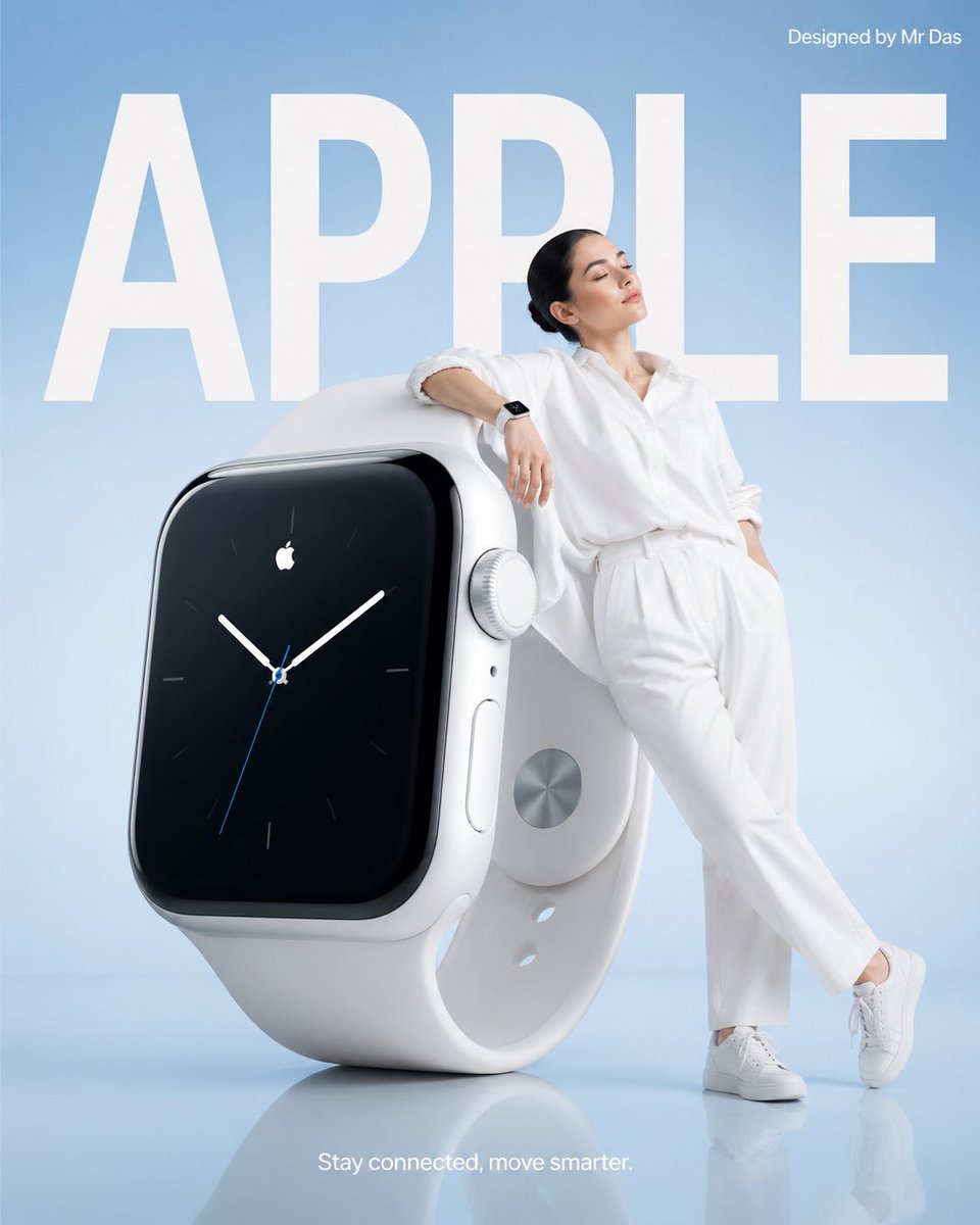 Minimalist commercial ad featuring oversized white smartwatch, ultra-clean design. A young woman in…
