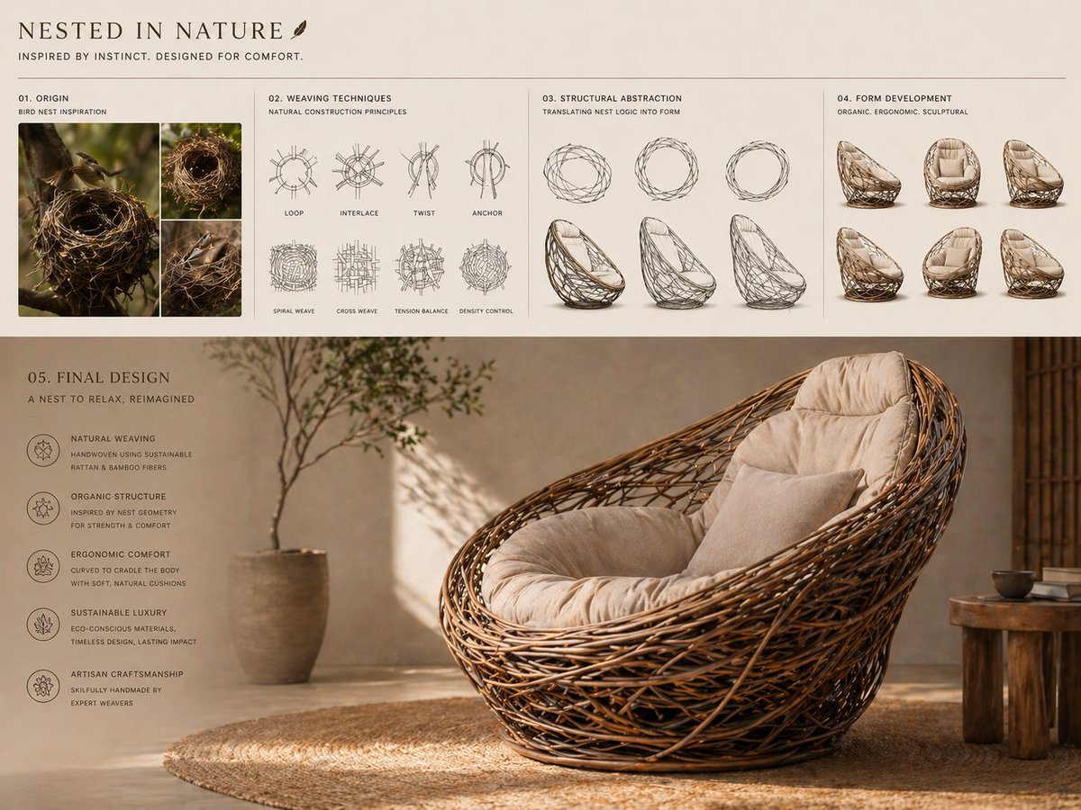 Conceptual transformation, bird nest construction techniques shaping a sculptural lounge chair, seq…
