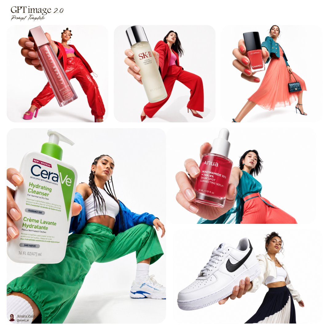 Low-angle fashion campaign photograph of a confident model holding a large [product name] very clos…