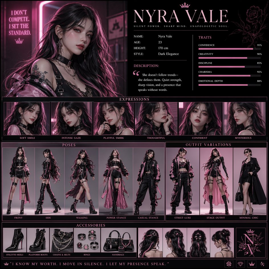 Create a high-resolution vertical character concept poster with a luxury pink and white aesthetic, …