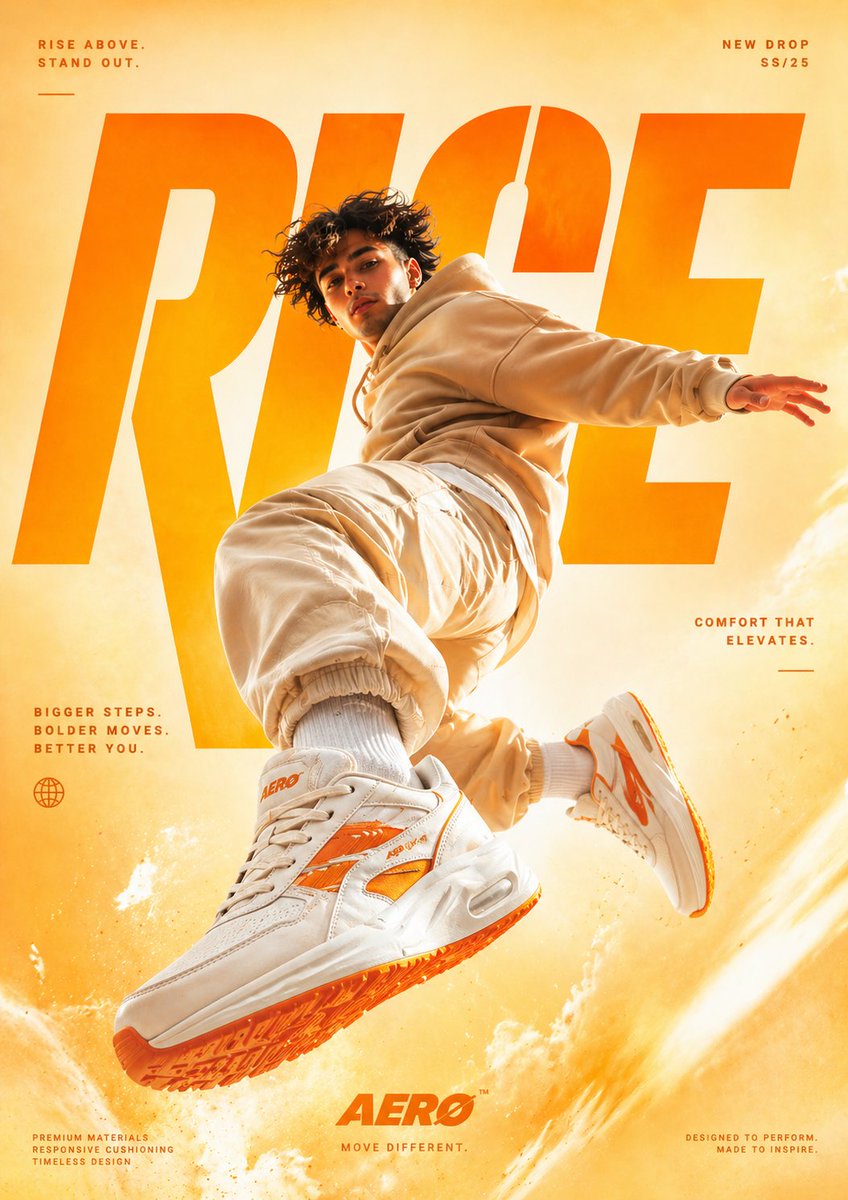 A cinematic, high-end sneaker advertisement poster featuring a young male model mid-air in a dynami…