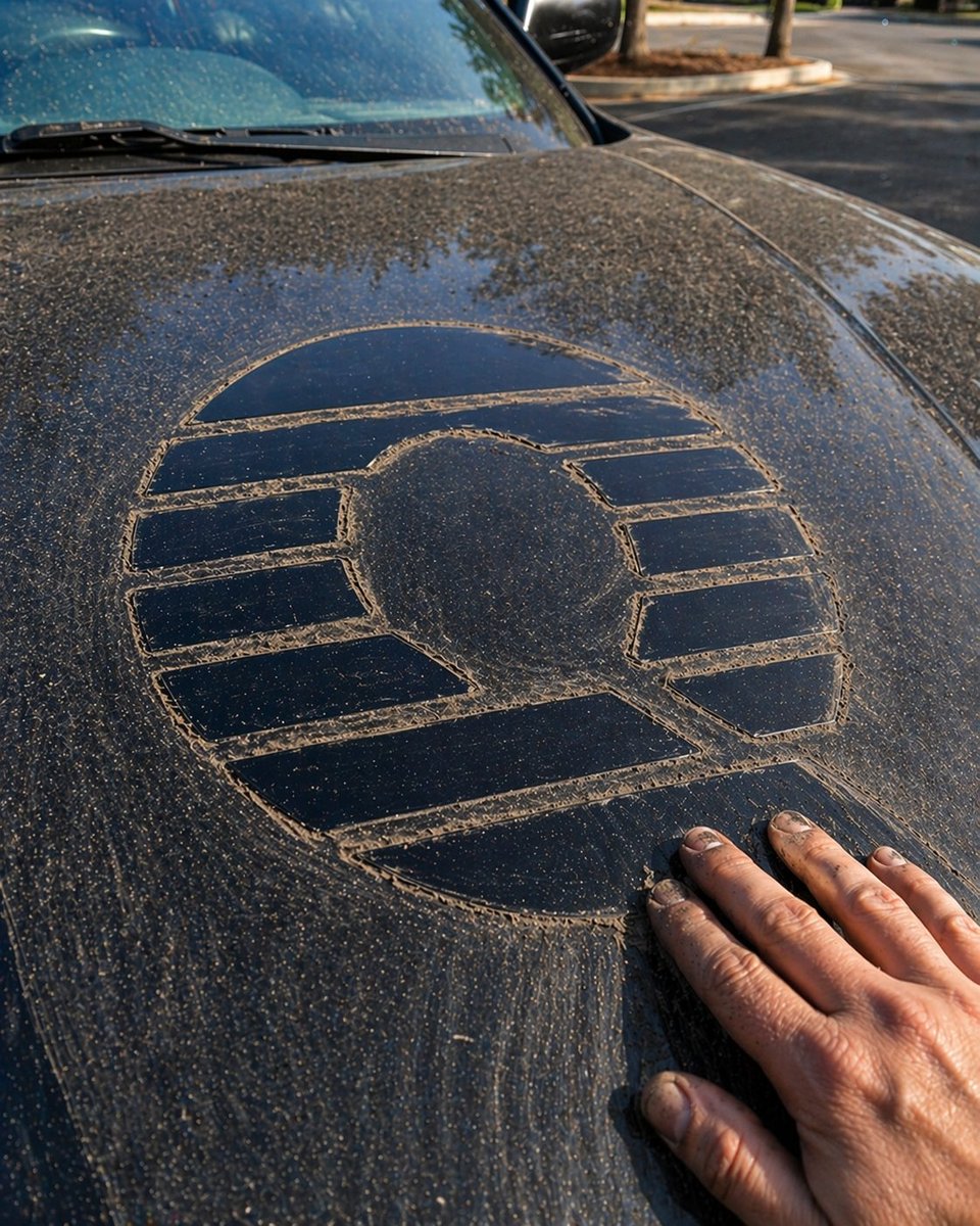Dust-Drawn Symbol on Car Hood